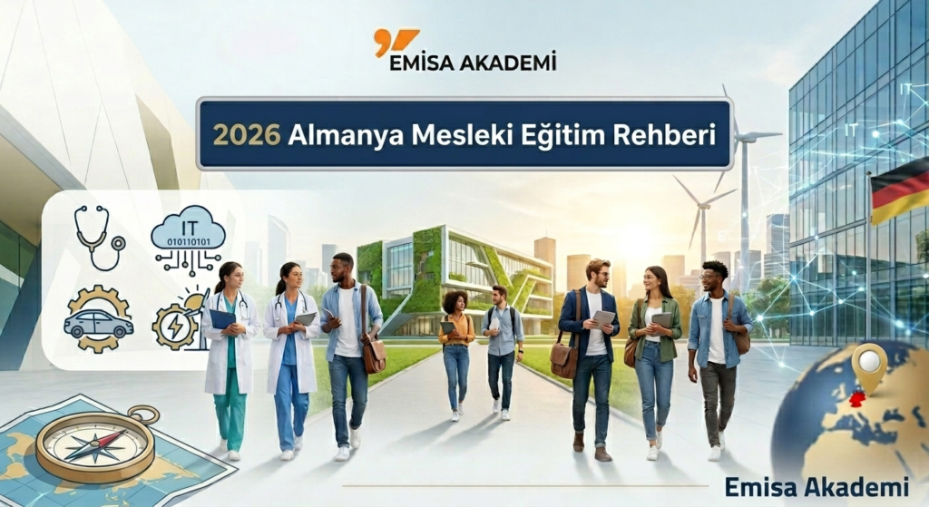 Emisa Akademi 2026 Almanya Mesleki Eğitim Rehberi (Ausbildung) tanıtım afişi. Görselde modern bir üniversite kampüsünde yürüyen tıp, bilişim (BT), otomotiv ve yenilenebilir enerji alanlarından genç öğrenciler ile tıp önlüğü giymiş kursiyerler yer almaktadır. Sol tarafta sağlık, IT, otomotiv ve yeşil enerji ikonları; alt köşelerde ise pusula, harita ve üzerinde Almanya konumu işaretlenmiş dünya küresi bulunmaktadır. Orijinal