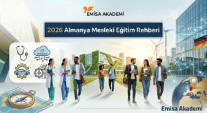 Emisa Akademi 2026 Almanya Mesleki Eğitim Rehberi (Ausbildung) tanıtım afişi. Görselde modern bir üniversite kampüsünde yürüyen tıp, bilişim (BT), otomotiv ve yenilenebilir enerji alanlarından genç öğrenciler ile tıp önlüğü giymiş kursiyerler yer almaktadır. Sol tarafta sağlık, IT, otomotiv ve yeşil enerji ikonları; alt köşelerde ise pusula, harita ve üzerinde Almanya konumu işaretlenmiş dünya küresi bulunmaktadır. Orijinal