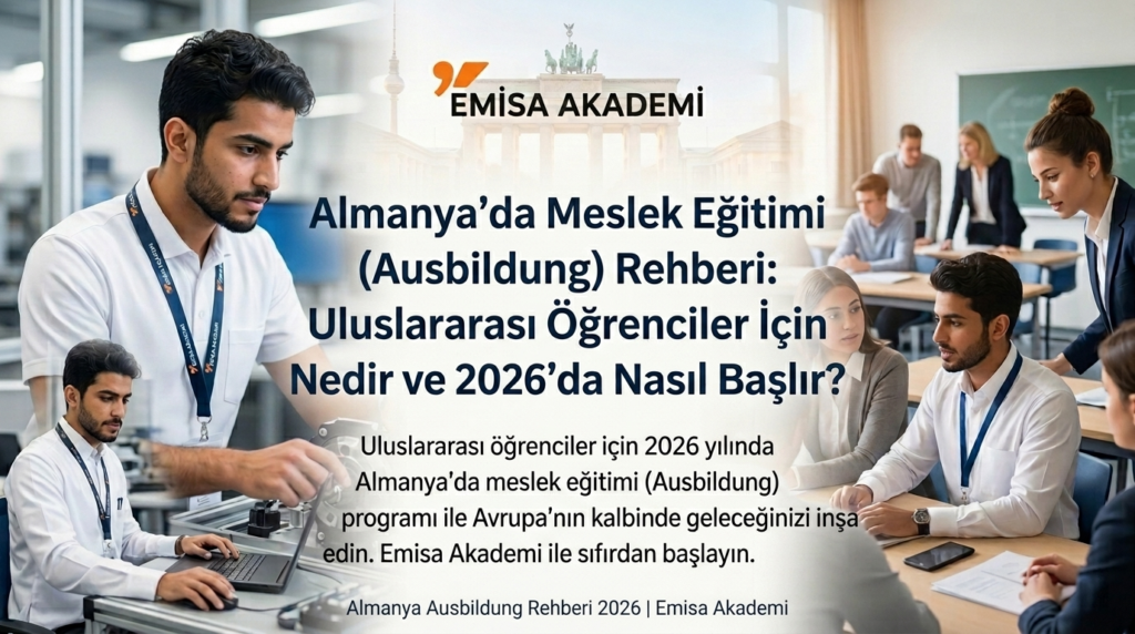 Almanya'da Meslek Eğitimi (Ausbildung) Rehberi: Uluslararası Öğrenciler İçin Nedir ve 2026'da Nasıl Başlanır? başlığıyla Emisa Akademi'nin hazırladığı tanıtım görseli. Solda uygulamalı teknik eğitim alan bir öğrenci, sağda ise teorik sınıf ortamı ve Brandenburg Kapısı ile Emisa Akademi logosu görülmektedir.