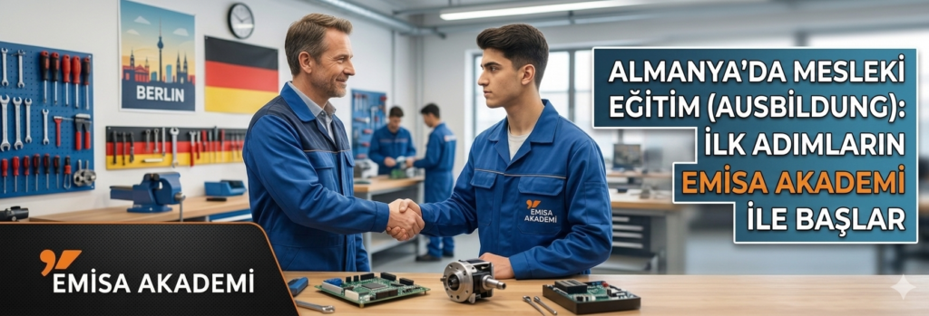 Alt Text: İki Emisa Akademi stajyerinin teknoloji atölyesinde tokalaşması, Almanya'da mesleki eğitim (Ausbildung) fırsatlarını simgeliyor.