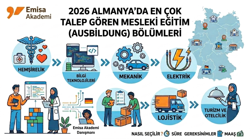 Alt Text: Emisa Akademi logolu, 2026 yılında Almanya'da en çok talep gören mesleki eğitim (Ausbildung) bölümlerini gösteren infografik harita. Görselde hemşirelik, bilgi teknolojileri, mekanik, elektrik, lojistik, turizm ve otelcilik sektörlerine ait ikonlar ile Almanya haritası, maaş, süre ve gereksinim bilgileri yer almaktadır.