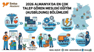 Alt Text: Emisa Akademi logolu, 2026 yılında Almanya'da en çok talep gören mesleki eğitim (Ausbildung) bölümlerini gösteren infografik harita. Görselde hemşirelik, bilgi teknolojileri, mekanik, elektrik, lojistik, turizm ve otelcilik sektörlerine ait ikonlar ile Almanya haritası, maaş, süre ve gereksinim bilgileri yer almaktadır.