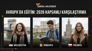 Emisa Academy tarafından hazırlanan, Macaristan, Romanya ve Polonya'da 2026 yılı eğitim fırsatlarını karşılaştıran bilgilendirici görsel