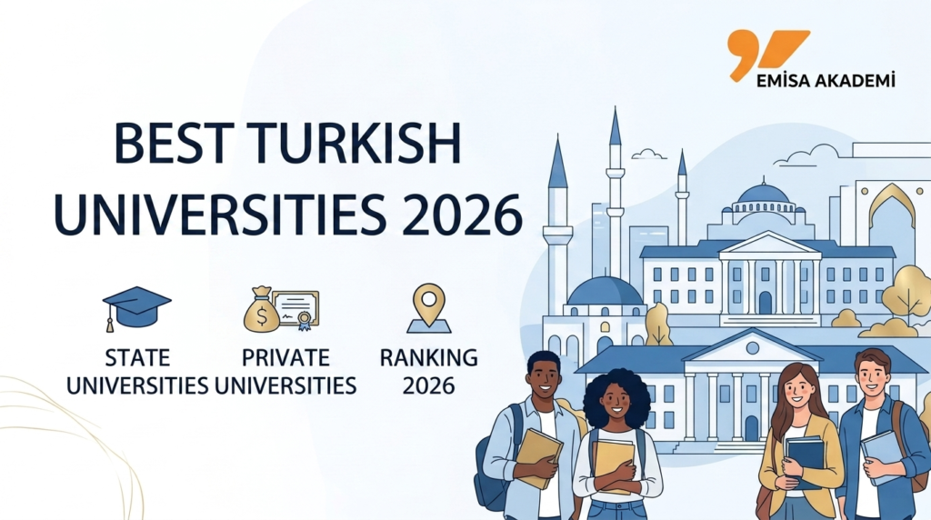 An infographic by Emissa Academy showcasing the best Turkish universities in 2026 for international students, featuring icons for state universities, private universities, and the 2026 rankings next to an illustration of students and historical Turkish architecture.