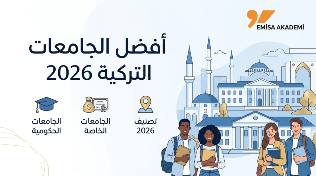 انفوجرافيك من إيميسا أكاديمي يوضح تصنيف أفضل الجامعات التركية 2026 الحكومية والخاصة للطلاب الأجانب.