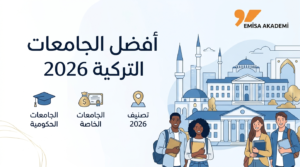 انفوجرافيك من إيميسا أكاديمي يوضح تصنيف أفضل الجامعات التركية 2026 الحكومية والخاصة للطلاب الأجانب.