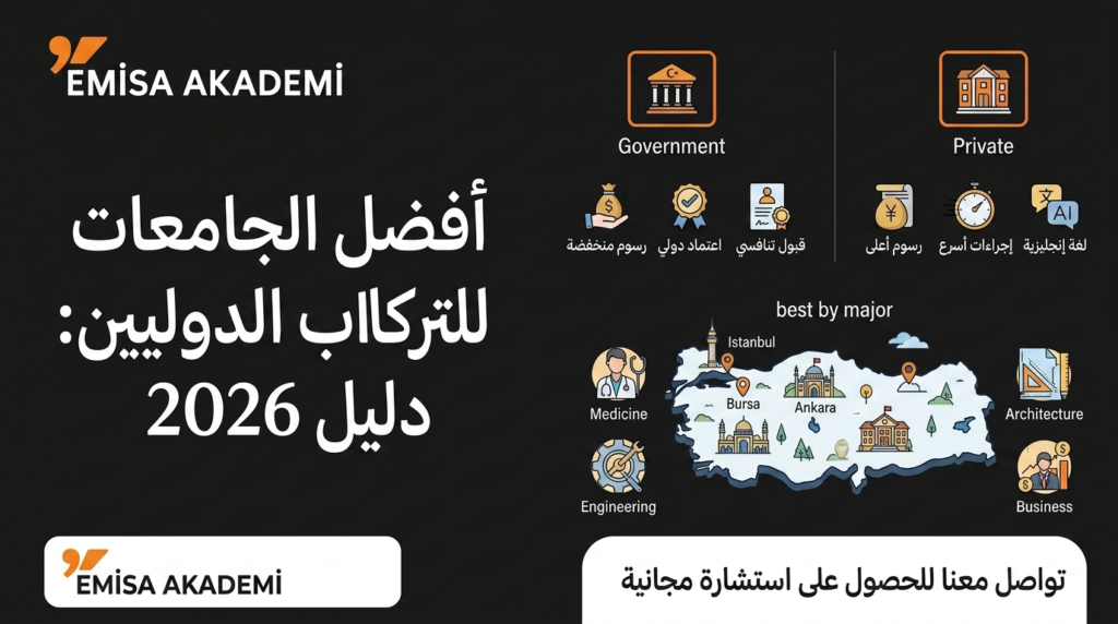 دليل أفضل الجامعات التركية للطلاب الدوليين لعام 2026 - إنفوجرافيك مقارنة الجامعات الحكومية والخاصة من إيميسا أكاديمي.