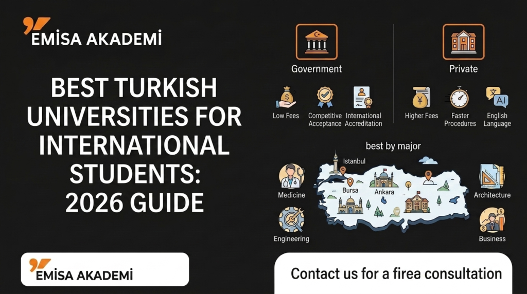 Infographic comparing best public (Government) and private universities in Turkey for international students in 2026, featuring a map of Turkey (Istanbul, Bursa, Ankara), tuition fee details, and top rankings by academic majors (Medicine, Architecture, Engineering, Business) provided by Emisa Akademi.