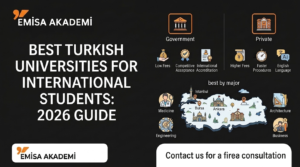 Infographic comparing best public (Government) and private universities in Turkey for international students in 2026, featuring a map of Turkey (Istanbul, Bursa, Ankara), tuition fee details, and top rankings by academic majors (Medicine, Architecture, Engineering, Business) provided by Emisa Akademi.