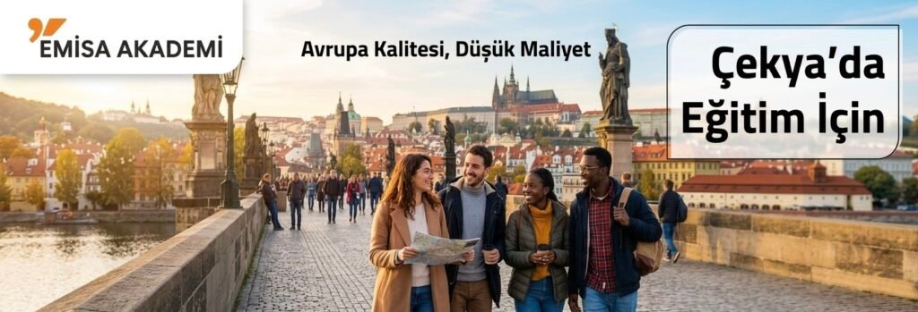 Prag Karl Köprüsü üzerinde yürüyen uluslararası öğrenciler ve Emissa Academy logolu Çekya'da eğitim tanıtım görseli.