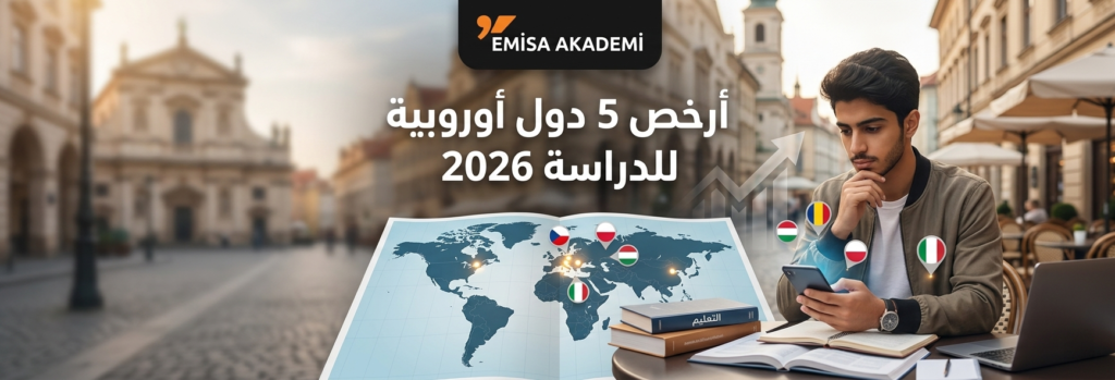 انفوجرافيك أرخص 5 دول أوروبية للدراسة 2026 يحمل شعار إميسا أكاديمي مع طالب يدرس على الخريطة الأوروبية.
