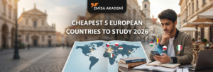 An infographic of the 5 cheapest European countries to study in 2026, featuring the Emisa Academy logo with a student studying on a European map."