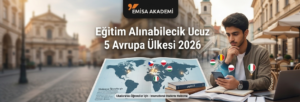 "Emisa Akademi logolu, Avrupa haritası üzerinde ders çalışan bir öğrenci görseli içeren, 2026 yılının en ucuz 5 Avrupa ülkesinde eğitim infografiği."