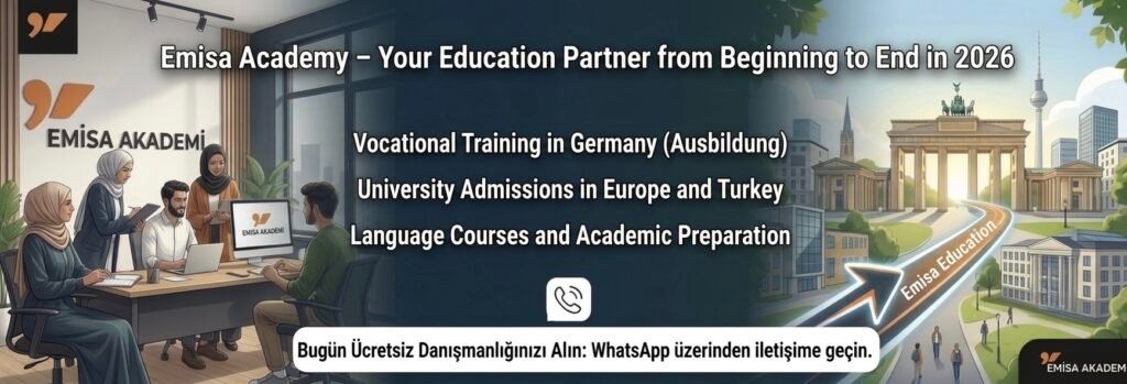 Emisa Academy educational consulting services, offering vocational training (Ausbildung) in Germany, university admissions in Europe and Turkey, and academic preparation for students in 2026.