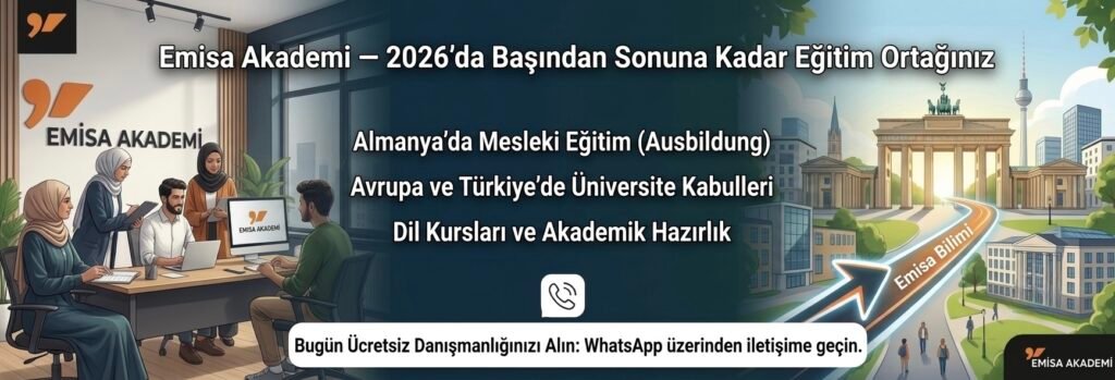 Emisa Akademi eğitim danışmanlığı hizmetleri tanıtım görseli: Almanya'da Ausbildung, Avrupa ve Türkiye'de üniversite kabulleri ve dil kursları hakkında bilgi sunan profesyonel rehberlik hizmeti.