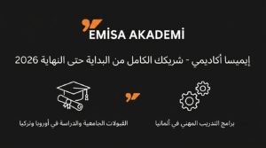 Emisa Akademi logo and services header with Arabic text, showing icons for university studies and vocational training in Germany and Türkiye.