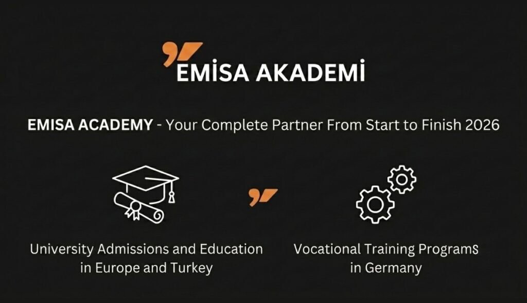 Emisa Akademi logo and services header with Arabic text, showing icons for university studies and vocational training in Germany and Türkiye.