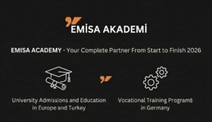 Emisa Akademi logo and services header with Arabic text, showing icons for university studies and vocational training in Germany and Türkiye.
