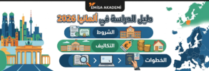 An infographic banner from Emisa Akademi providing a 2026 guide for studying in Germany. The left side features illustrative German landmarks like the Brandenburg Gate. The center displays the title 'دليل الدراسة في ألمانيا 2026' (Study in Germany Guide 2026) followed by three categories: 'الشروط' (Conditions), 'التكاليف' (Costs), and 'الخطوات' (Steps), each with explanatory icons and text in Arabic. The right side features a map emphasizing Germany's location in Europe.