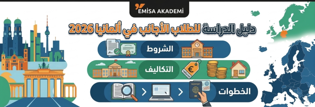 An infographic banner from Emisa Akademi providing a 2026 guide for studying in Germany. The left side features illustrative German landmarks like the Brandenburg Gate. The center displays the title 'دليل الدراسة في ألمانيا 2026' (Study in Germany Guide 2026) followed by three categories: 'الشروط' (Conditions), 'التكاليف' (Costs), and 'الخطوات' (Steps), each with explanatory icons and text in Arabic. The right side features a map emphasizing Germany's location in Europe.