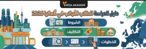 An infographic banner from Emisa Akademi providing a 2026 guide for studying in Germany. The left side features illustrative German landmarks like the Brandenburg Gate. The center displays the title 'دليل الدراسة في ألمانيا 2026' (Study in Germany Guide 2026) followed by three categories: 'الشروط' (Conditions), 'التكاليف' (Costs), and 'الخطوات' (Steps), each with explanatory icons and text in Arabic. The right side features a map emphasizing Germany's location in Europe.