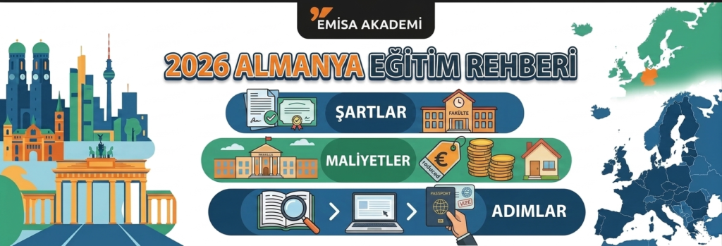 Alt Text: Emisa Akademi 2026 Almanya Eğitim Rehberi infografiği; kabul şartları, yaşam maliyetleri ve başvuru adımları sembolleri.