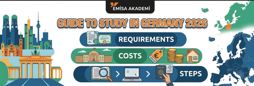 An educational infographic banner by Emisa Akademi titled Guide to Study in Germany 2026. The graphic features three main horizontal sections for international students: Requirements, Costs, and Steps, illustrated with icons of degrees, Euro coins, and a passport with a visa. The background includes the Berlin Brandenburg Gate cityscape on the left and a highlighted map of Germany within Europe on the right.
