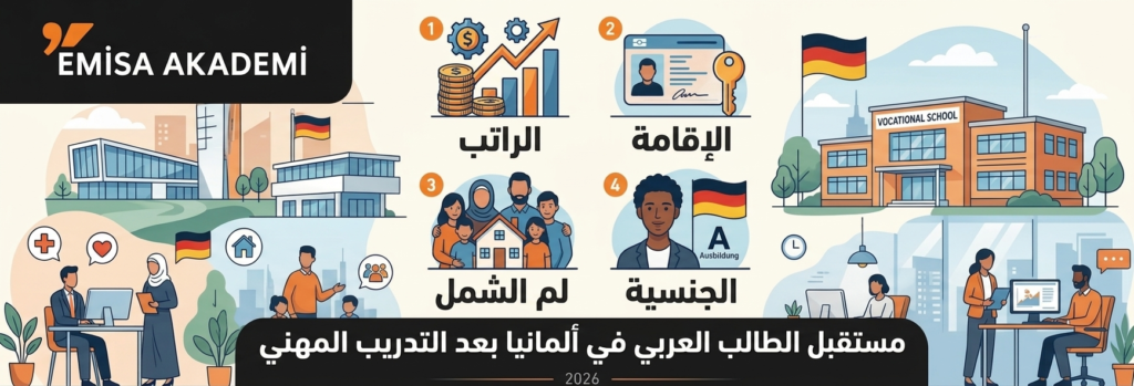 إنفوجرافيك يوضح مستقبل الطالب العربي في ألمانيا بعد التدريب المهني لعام 2026 من إيميسا أكاديمي، يظهر فيه شعار الأكاديمية وأربعة محاور رئيسية: الراتب، الإقامة بعد Ausbildung، لم الشمل، ومسار الجنسية الألمانية.