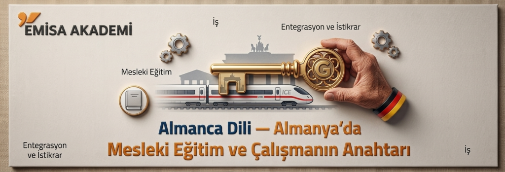Alternatif Metin (Alt Text): Emisa Academy tarafından hazırlanan ve Almancanın, 2026 yılında uluslararası öğrenciler için Almanya'da mesleki eğitim (Ausbildung) ve çalışmanın anahtarı olduğunu gösteren bilgilendirici görsel (infografik).