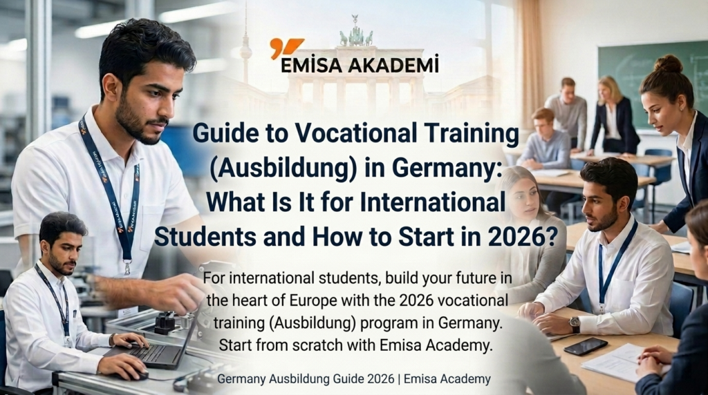 Alt text describing the graphic for Emisa Academy's 2026 guide on vocational training in Germany for international students. Shows an engineering student and classroom setting. Includes full text title.