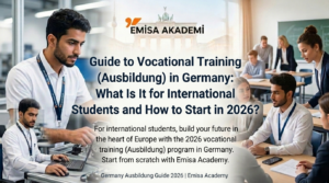 Alt text describing the graphic for Emisa Academy's 2026 guide on vocational training in Germany for international students. Shows an engineering student and classroom setting. Includes full text title.