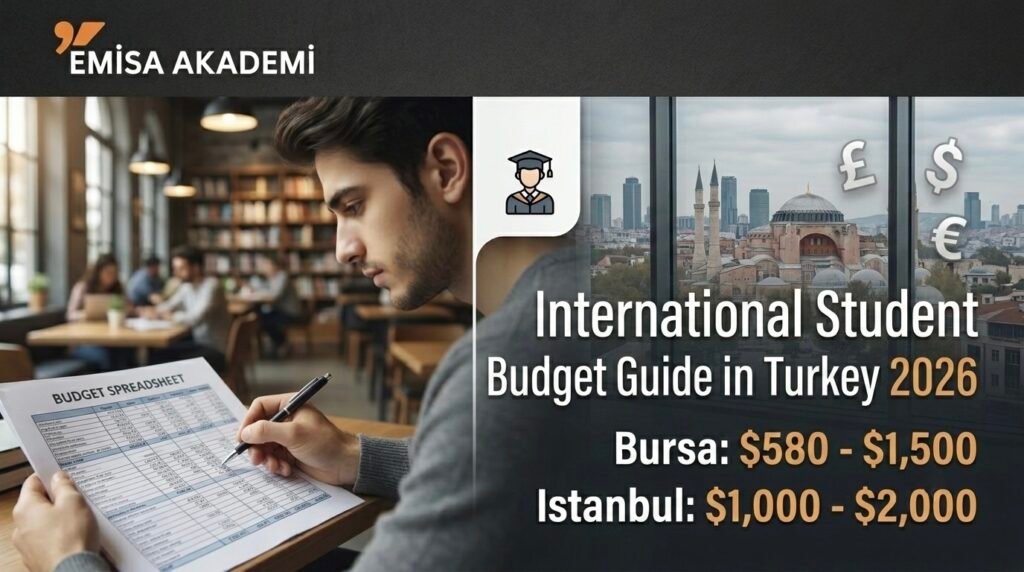 Infographic showing the 2026 monthly budget guide for international students in Turkey, comparing living costs in Bursa ($580 - $1,500) and Istanbul ($1,000 - $2,000) by Emisa Academy.