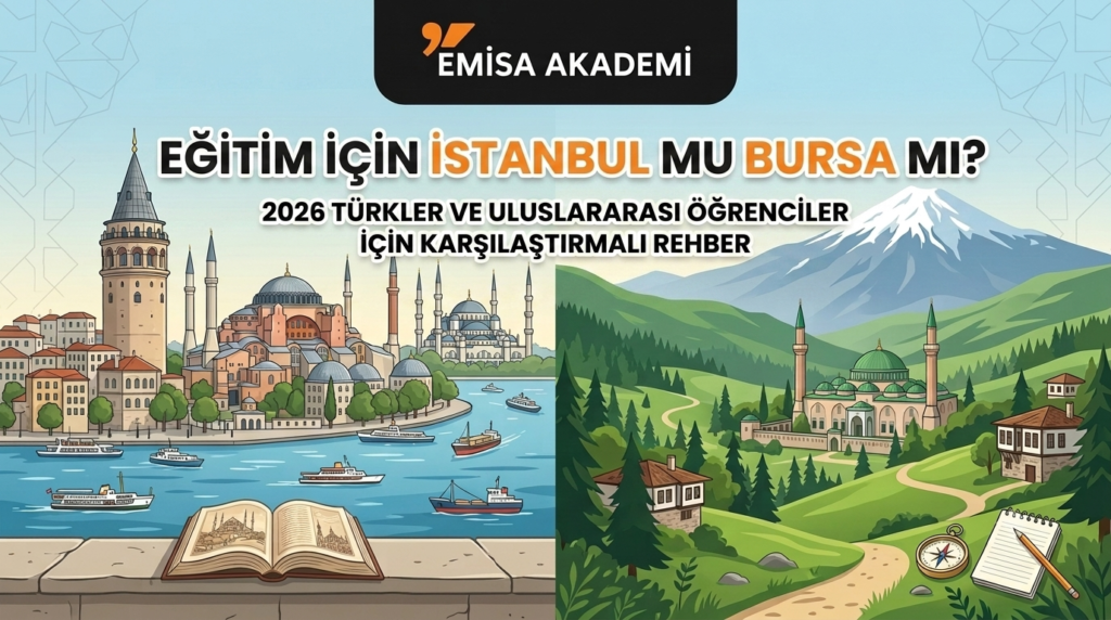 İstanbul ve Bursa şehirlerinin eğitim ve yaşam olanaklarını karşılaştıran iki panelli illüstrasyon. Sol panelde Galata Kulesi ve Haliç, sağ panelde Yeşil Cami ve Uludağ yer alıyor.