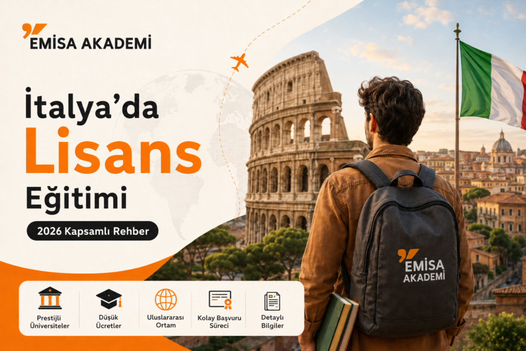 İtalya’da lisans eğitimi almak isteyen uluslararası öğrenciler için 2026 rehberi, Kolezyum manzarası önünde öğrenci ve İtalya bayrağı ile Emisa Akademi tanıtım görseli.