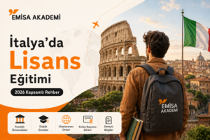 İtalya’da lisans eğitimi almak isteyen uluslararası öğrenciler için 2026 rehberi, Kolezyum manzarası önünde öğrenci ve İtalya bayrağı ile Emisa Akademi tanıtım görseli.