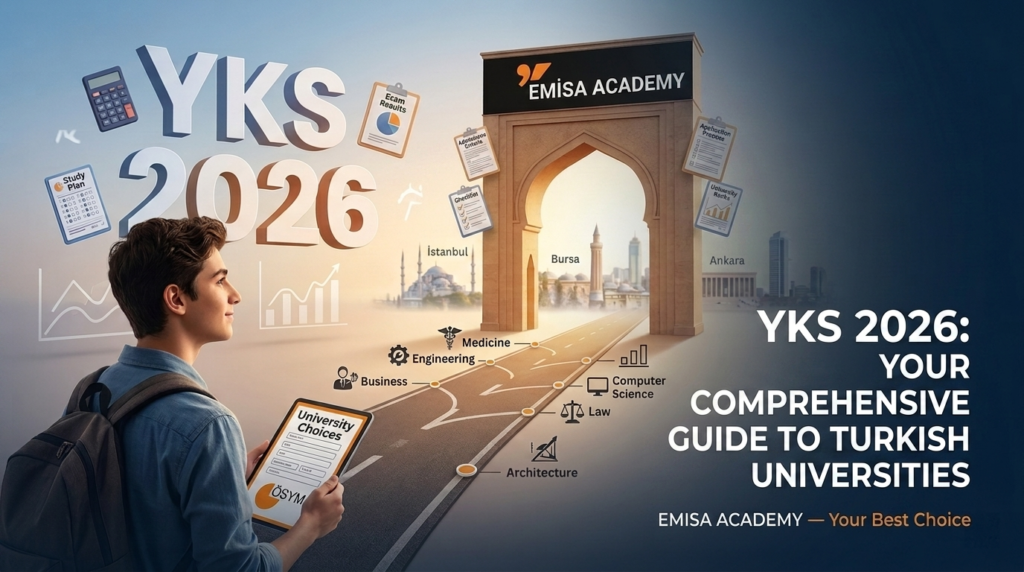 Alt Text: A student looking at a roadmap leading to Turkish universities via the YKS 2026 exam, with majors like Medicine, Engineering, and Computer Science, presented by Emisa Academy.
