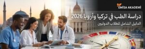 Professional medical students collaborating with Emisa Academy for the 2026 academic year, with a background featuring Turkish and European landmarks and a compass symbolizing international medical education opportunities.