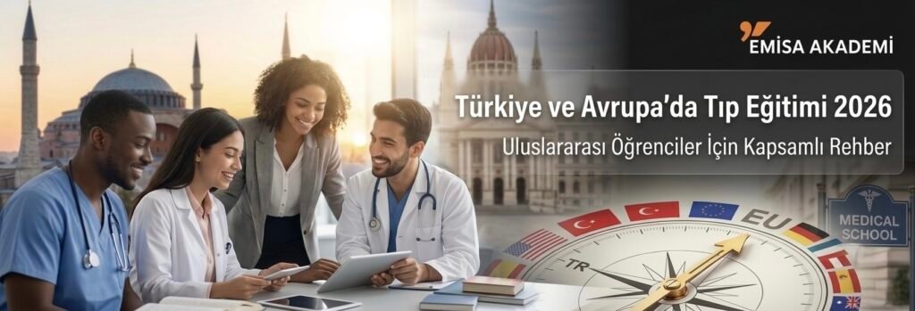 Türkiye ve Avrupa'da Tıp Eğitimi 2026: Uluslararası Öğrenciler İçin Kapsamlı Rehber - Emisa Akademi logolu ve tıp öğrencilerinin görsellerinin yer aldığı eğitim tanıtım görseli.