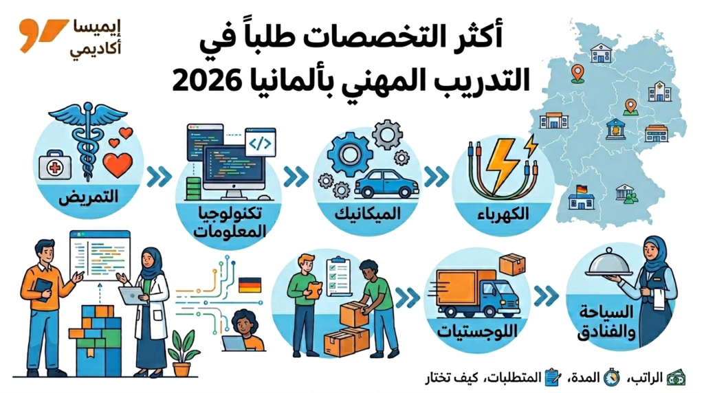 إنفوجرافيك التخصصات الأكثر طلباً في التدريب المهني بألمانيا 2026 من إيميسا أكاديمي، يضم مجالات التمريض، تكنولوجيا المعلومات، الميكانيكا، الكهرباء، اللوجستيات، والسياحة والفنادق مع خريطة ألمانيا.