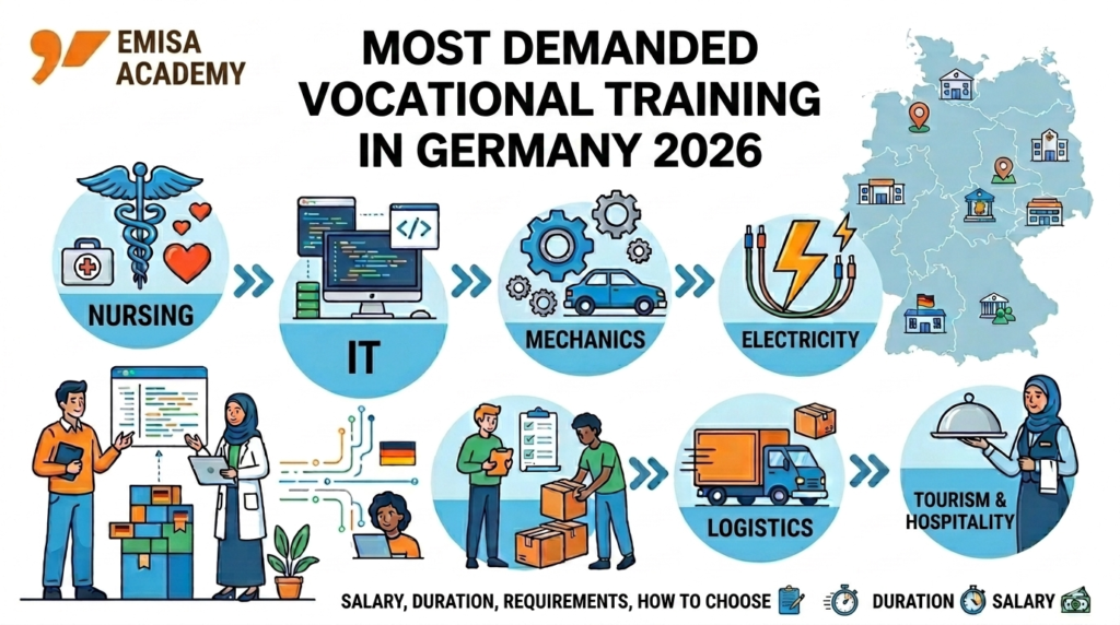 Alt Text: An infographic map featuring the Emisa Akademi logo, displaying the most in-demand vocational training (Ausbildung) programs in Germany for the year 2026. The visual includes icons representing the nursing, information technology, mechanics, electrical, logistics, and tourism and hospitality sectors, alongside a map of Germany, salary details, duration, and requirements.