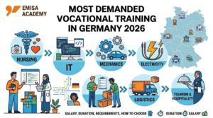 Alt Text: An infographic map featuring the Emisa Akademi logo, displaying the most in-demand vocational training (Ausbildung) programs in Germany for the year 2026. The visual includes icons representing the nursing, information technology, mechanics, electrical, logistics, and tourism and hospitality sectors, alongside a map of Germany, salary details, duration, and requirements.