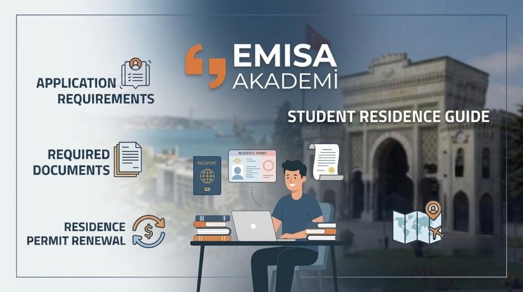 An infographic by Emisa Academy titled 'Student Residence Permit Guide' in Arabic, showing a student with a laptop, passport, residence permit document, and application icons, with the historical gate of Istanbul University in the background.