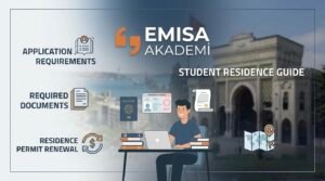 An infographic by Emisa Academy titled 'Student Residence Permit Guide' in Arabic, showing a student with a laptop, passport, residence permit document, and application icons, with the historical gate of Istanbul University in the background.