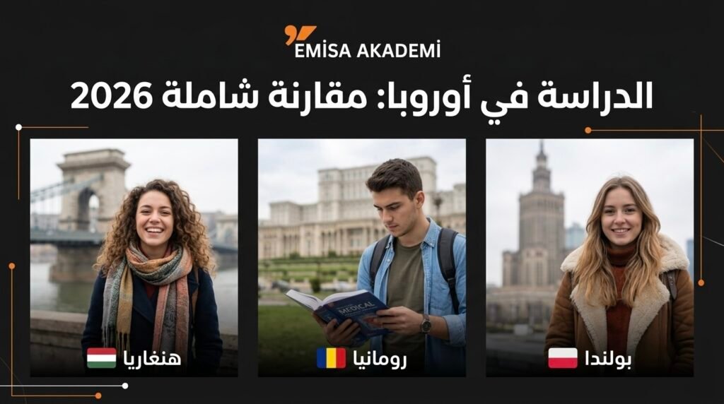 "Comparison of study opportunities in Hungary, Romania, and Poland for international students in 2026 by Emisa Academy."