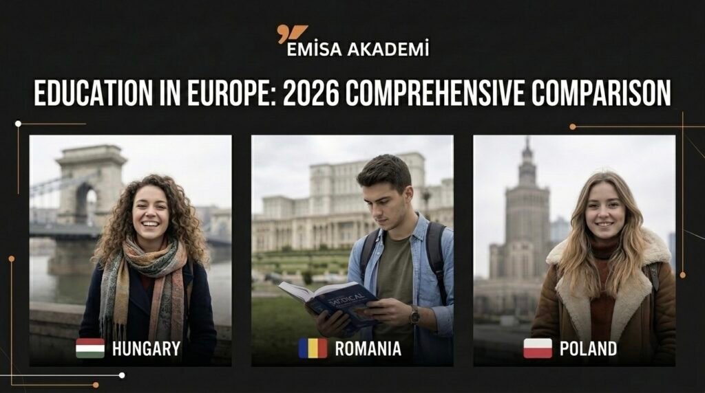 "Comparison of study opportunities in Hungary, Romania, and Poland for international students in 2026 by Emisa Academy."