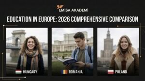 "Comparison of study opportunities in Hungary, Romania, and Poland for international students in 2026 by Emisa Academy."