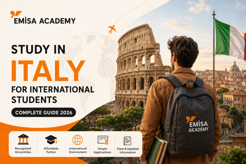 Study in Italy for international students 2026 complete guide by Emisa Academy featuring the Colosseum in Rome, the Italian flag, and a student exploring higher education opportunities in Italy.