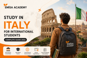 Study in Italy for international students 2026 complete guide by Emisa Academy featuring the Colosseum in Rome, the Italian flag, and a student exploring higher education opportunities in Italy.