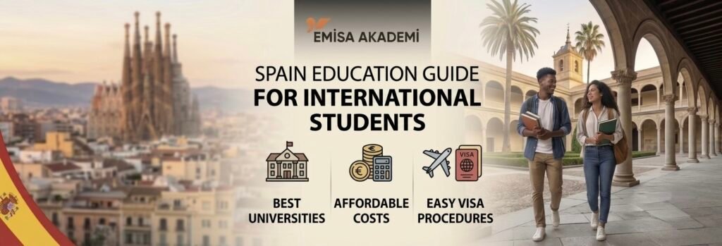 Spain education guide banner for international students by Emisa Academy, featuring the Sagrada Familia, a university campus, and icons for best universities, affordable costs, and easy visa procedures.