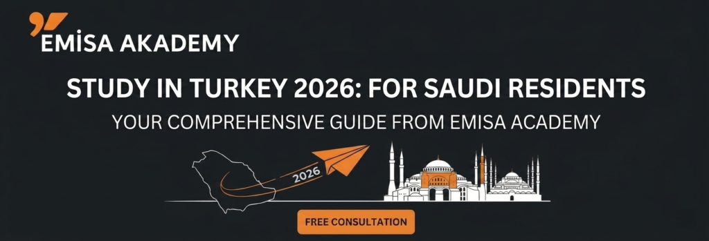 An infographic by Emisa Academy illustrating the journey to study in Turkey 2026 for students residing in Saudi Arabia, featuring a map of the Kingdom, landmarks of Istanbul, and logos of recognized Turkish universities."An infographic by Emisa Academy illustrating the journey to study in Turkey 2026 for students residing in Saudi Arabia, featuring a map of the Kingdom, landmarks of Istanbul, and logos of recognized Turkish universities."An infographic by Emisa Academy illustrating the journey to study in Turkey 2026 for students residing in Saudi Arabia, featuring a map of the Kingdom, landmarks of Istanbul, and logos of recognized Turkish universities."
